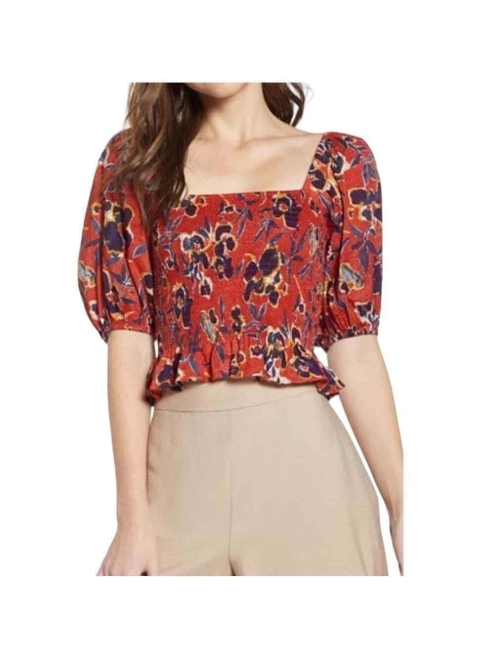BP Floral Print Smocked Crop Top Puff short sleeves cotton blend Sz 1XL